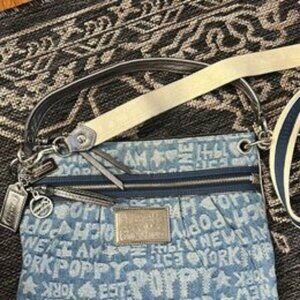 Coach Poppy 16989 Blue Denim Wordblock Hippie Glam Hobo Convertible Shoulder Bag